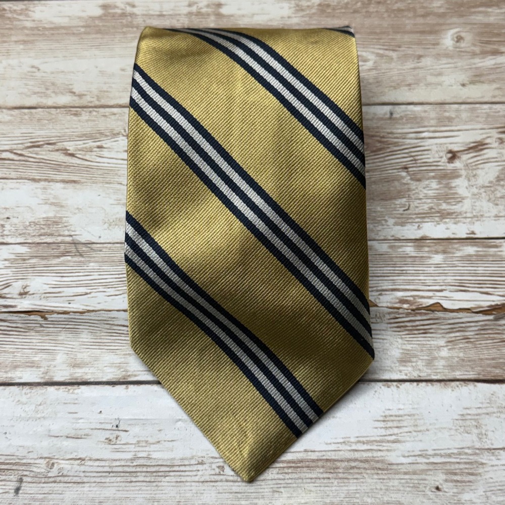 Brooks Brothers Necktie Mens OS Gold Navy Blue Striped Silk Makers USA 3589